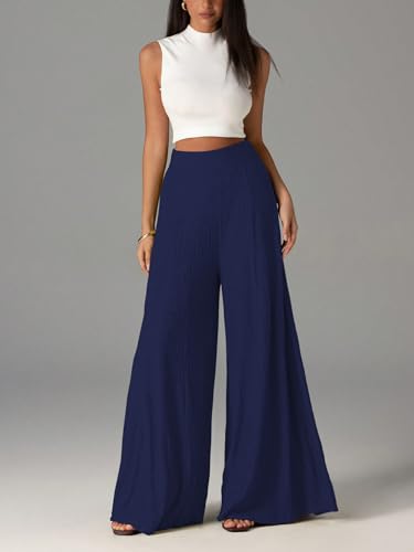 Image of Shasmi Women's Elegant High Waist Wide Leg Pants - Textured Solid Color Loose Fit Long Trousers | Casual Beach & Airport Outfit | Lightweight Flowy Palazzo Style (Trouser 259)