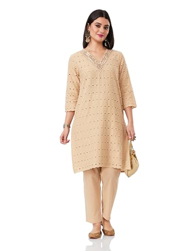 Image of Amazon Brand - Myx Women Schiffli Embroidery Kurta Pant Co-Ord Set | Available as Dress Material (Available in Plus Sizes)