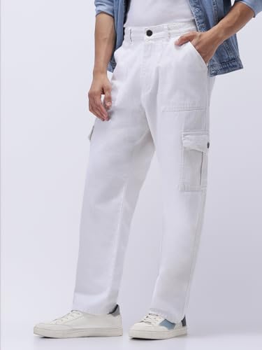 Image of Urbano Fashion Men's Loose Mid Rise Baggy Fit Cargo Jeans with 6 Pockets Non-Stretchable
