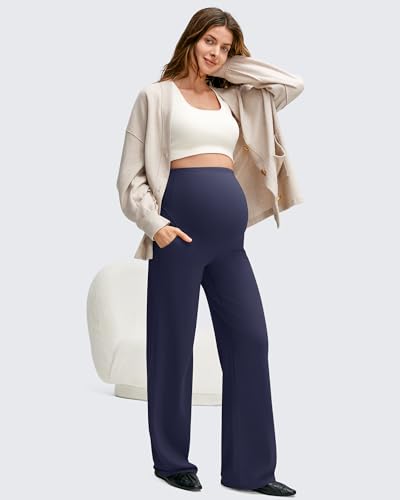 Image of G4Free BareFeel Maternity Pants Over the Belly Pregnancy Trousers for Work | High Waist Coverage,Two Side Pockets,Wide Leg Design,Soft Knit Fabric,for Dress Casual Yoga