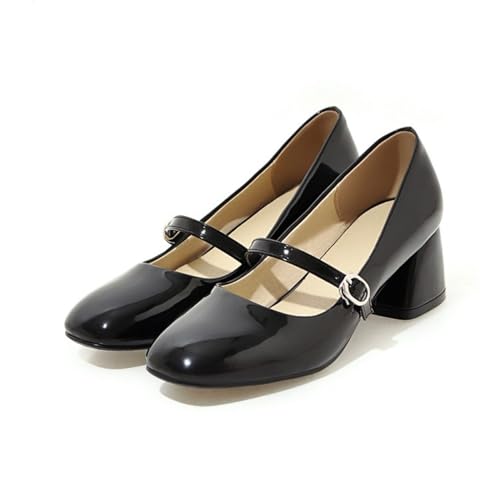 Women's Classic Patent Leather Chunky Heel Mary Jane Adjustable Buckle Low Block Heel Elegant Pumps Closed Square Toe Comfortable Uniform Wedding Dress Shoes