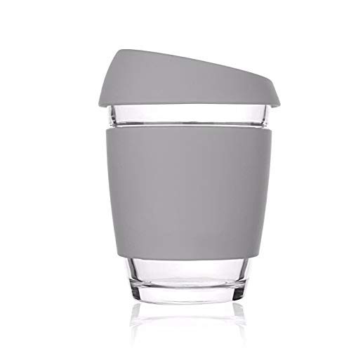 Victory-eu Reusable Glass Coffee Tea Cup - Silicone Lid Travel Mug Takeaway - Barista Size 12oz/350ml - Unisex Eco-Friendly (Gray)