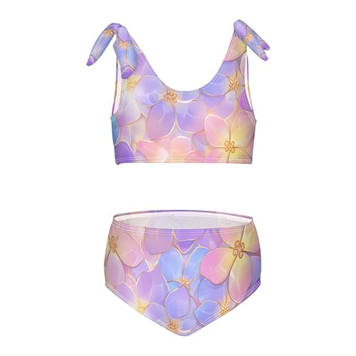 KLL Elegant Decorative Lilac Flower Tillable Girls' Two Piece Bikini Sets Scoop Neck Swimsuit Swimwear Cute Shoulder Strap