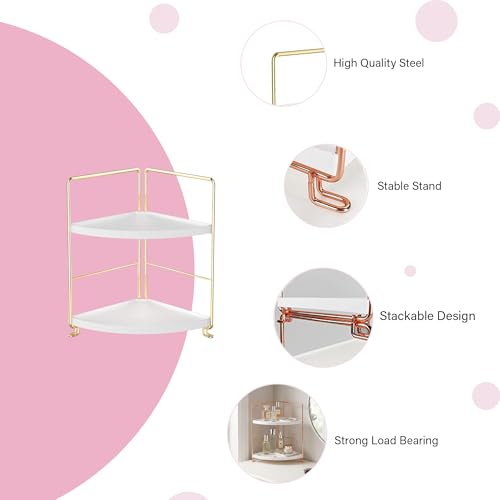 Image of oddpod 2-Tier Corner Storage Rack Bathroom Countertop Organizer /Stackable Standing Makeup Storage Holder, Vanity Tray, Cosmetic & Spice Rack Shelf Cabinet for Kitchen and Bathroom (Gold)