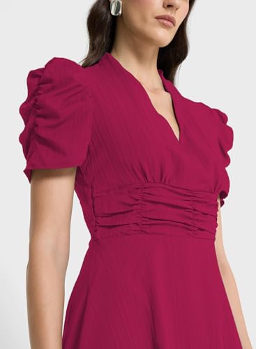 Image of Sugathari Women Women's V-Neck Maxi Dress, A-Line Style, Puff Sleeves, Cinched Waist 246