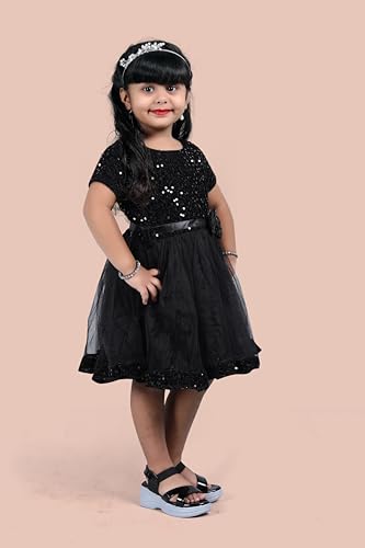Image of Charming Girls' Kids Velvet & Net Frock with Knee-Length Short Sleeve A-line Round Neck Fit and Flare and Back Zipper Closure|Kids Dress for Baby Girls Birthday Outfit