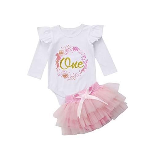 Loalirando - Conjunto de bebé niña para cumpleaños, manga larga con volante, tutú de tul rosa multicolor 70 cm(0-6 Meses)