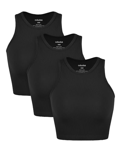 Image of ODODOS 3-Pack Seamless Crop Tank for Women Ribbed Soft High Neck Cropped Tops, Black+Black+Black, Medium /Large