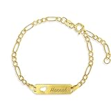14k Yellow Gold Unisex Adjustable Girls Name ID Bracelet Engravable Heart Tag - Figaro Link Chain Rectangular Name Plate Bracelets for Babies & Children - Small Identification Bracelet 4.5' to 5.5'