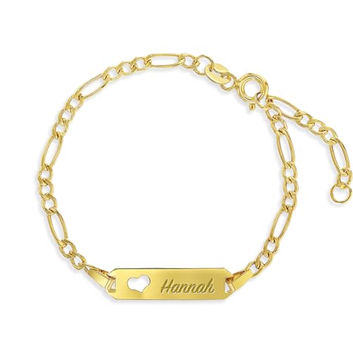 14k Yellow Gold Unisex Adjustable Girls Name ID Bracelet Engravable Heart Tag - Figaro Link Chain Rectangular Name Plate Bracelets for Babies & Children