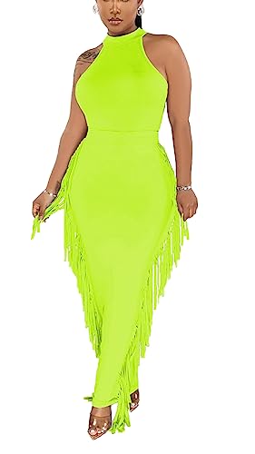 Image of YUEWOO 2 Piece Outfits for Women Sexy Crop Top Ruched Bodycon Maxi Dresses Fringe Skirt Sets Night Club Jumpsuits