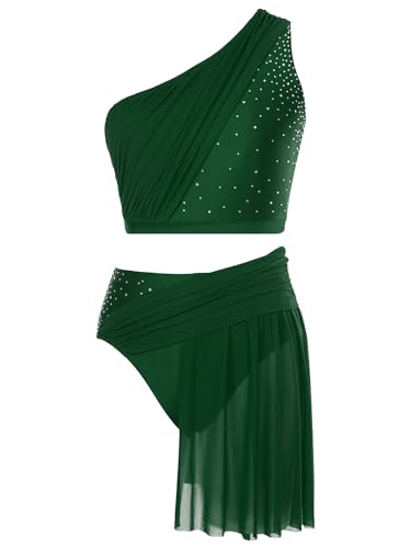 ranrann Tenue Danse Contemporaine Femme Strass Brillant Ensemble Haut et Jupe Short Danse Latine Costume Patinage Artistique Gymnastique A Vert M