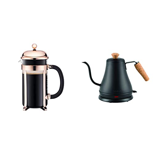 Bodum Chambord French Press Coffee Maker, Glass, 34 Ounce, 1 Liter, Copper & 11883-259US Melior Gooseneck Electric Water Kettle, 27 Ounce, Matte Black