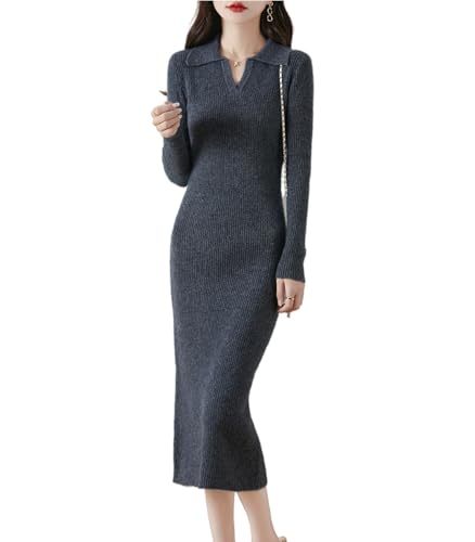 100% Merino Wool Sweater Dress Women's Long Sleeve Knitted Flip Collar Fall Winter Slim Long Tops