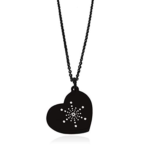 Tioneer Black Stainless Steel Galaxy Snowflake Floating Heart Tag Charm Pendant Necklace