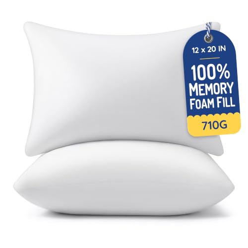 Image of AM AEROMAX 12x20 Memory Foam Throw Pillow Inserts, 2 Pack, Lumbar, White | Decorates bed /sofa /couch | lumbar shape fills pillow cover | resists flattening | comfortable to lean on
