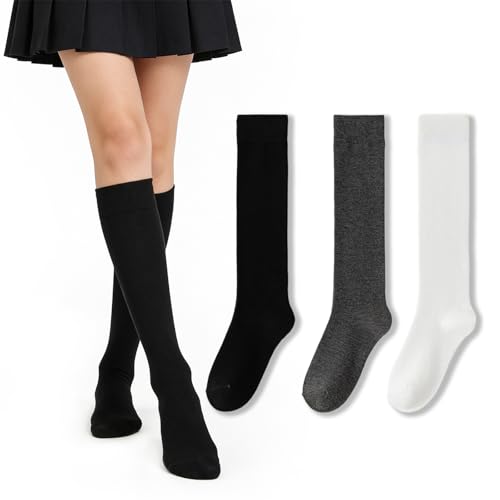 GYIOFAI 3 Paires de Chaussettes Hautes en Coton pour Femmes, Chaussettes d'hiver Hautes en Coton Femme, Longue Genoux Solide Décontractées, Respirantes Élastiques pour Sport Travail Voyage Quotidien
