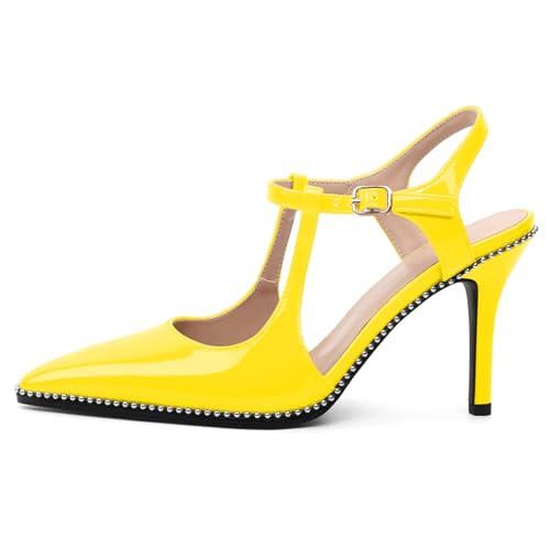 Image of SAMMITOP Womens High Heels Ankle Strap Pointed Toe Stilettos Patent Leather Beaded Pumps Dress Shoes 3.5 Inch