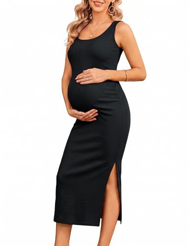 Ekouaer Women Tank Maternity Dress Sleeveless Ribbed Knit Pregnancy Dresses Round Neck Pregnant...