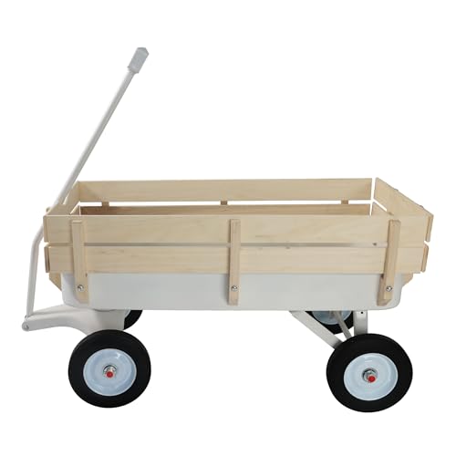 Heavy Duty Steel Frame Wagon with 8 All-Terrain Air Tires & Wooden Side Panels Wooden Wagon 176LB Capacity Foldable Utility Cart for Gardening Outdoor Toys (White)
