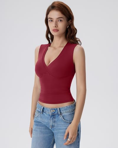 Image of SUUKSESS Women Built in Bra V Neck Tank Tops Double Lined Summer Going Out Camisole Tops