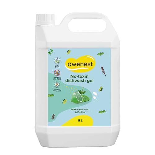 awenest No-Toxin Organic Dishwash Liquid Gel | Soft on Hands, Tough on Grease | No-toxins, Natural, Herbal, Eco-friendly, Plant-based | Lime, Tulsi, Pudina | Baby,Safe Pet Friendly | 5 Liter