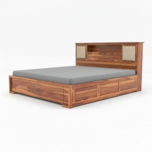 Image of Solid Sheesham Wood Bed with Storage | Wooden Cot with Box Storage & Upholstered Headboard | Strong Durable Frame | Modern Luxury Bed for Bedroom Home & Hotel (Honey Finish, Queen)
