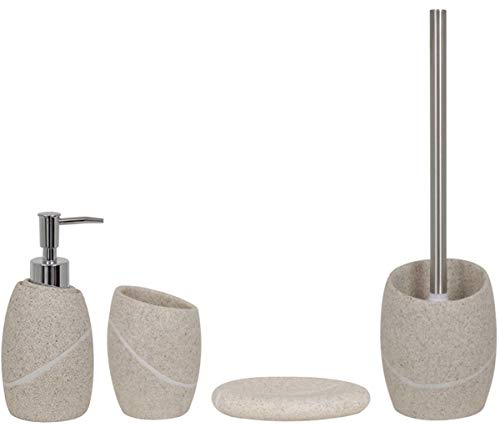 MSV Badezimmer Set, 4-teiliges Badzubehör aus Polyresin Malua Seifenspender, WC Bürste, Seifenschale und Zahnputzbecher Beige/Sand