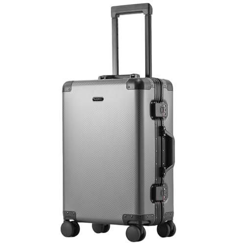 Tmore Aluminum Frame Luggage with No Need to Check in, Hardside Suitcase with Spinner Wheels, Metal Travel Luggage with Double Tsa Locks, 20 Inch, Gray Small