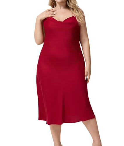 IPUDIS Camisón Largo de Satén para Mujer - Camisones Sexys para Mujer Escote en V Negligé Tallas Grandes Tirantes Finos Ropa de Dormir Camisones Tallas Xl-5Xl Rojo Talla 5XL
