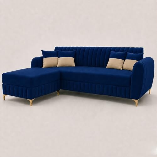 Image of CASASTYLE Signature Velour 4-Seater L-Shape Sofa Set with Movable Ottoman | Flexible LHS /RHS Layout | Boston Matte Fabric | 40D Foam + Zigzag Spring | 3-Yr Warranty (Midnight Blue)