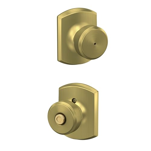 Image of SCHLAGE Bowery Bed /Bath Privacy Door Handle with Lock, Satin Brass | Interior bedroom or bathroom door lever with push button lock, Reversible, Easy install, Certified durability, Universal fit