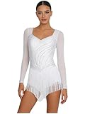 Nyeemya Vestido de Baile Salsa con Flecos para Mujer Manga Larga con Pedrería Brillante Vestido Baile de Salon Latino Profesional Rumba Vals Chachachá Blanco M
