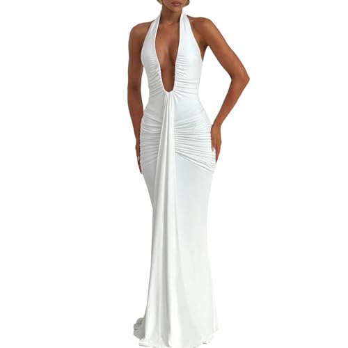 Women Deep V Neck Ruched Maxi Dress