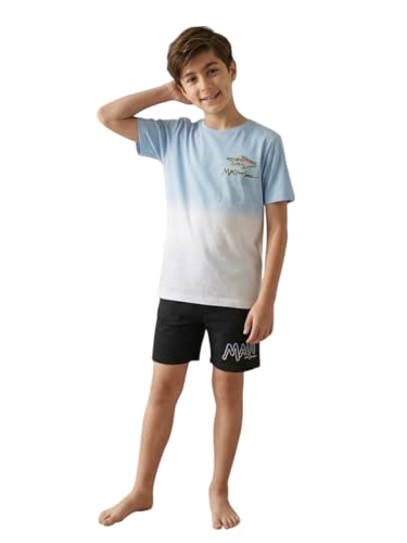 Image of Li'l Tomatoes Boys 100% Cotton Night Suit Set | Half Sleeve T-Shirt & Shorts | Color Block & Typography Print | Soft & Breathable Sleepwear | Casual Summer Wear | 9-16 Years