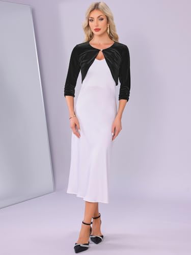 Allegra K Velvet Shrug for Women Crew Neck Ruched 3/4 Sleeves Cocktail Party Cropped Cardigan4