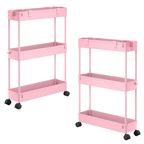 Image of SPACELEAD 2-piece Set Slim Storage Cart 3 Tier,Bathroom Organizer Rolling Utility,Mobile Shelving Unit Slide Out for Office, Kitchen, Laundry Room & Narrow Places
