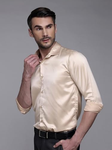 Image of IndoPrimo Men's Satin Shirt with Spread Collar Neck Line Solid Pattern Full Sleeves Regular Fit Western Style and Standard Length