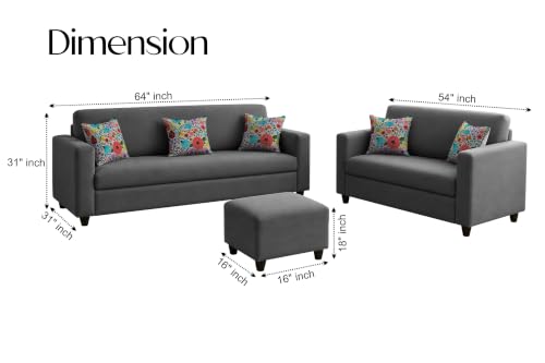 Image of Rosebell 3+2 Fabric Sofa Set with Ottoman | Premium Upholstery 5-Seater Sofa | with Printed Cushions | Living Room Furniture |Grey-Color
