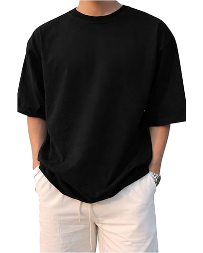 Image of BARKEYO Men's Half Sleeve Round Neck French Terry Oversized Drop Shoulder T-Shirt for Men