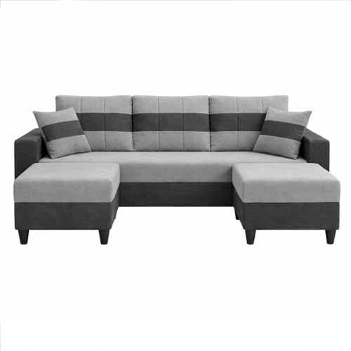 Image of Cavona 5 Seater L Shape Sofa Set with 2 Movable Ottomans | Flexible Layout | Luxury Velvet Suede Fabric | Modern Living Room Sofa | Dark Grey-Light Grey