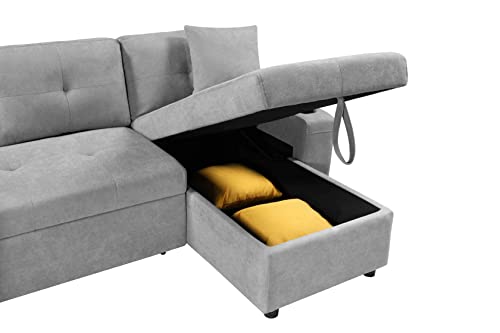 Aty L-Shape Sectional Sofa With Pull-Out Bed And Storage Space, Right-Facing Convertible Sleeper Couch W/Chaise Longue, 2 Cup Holders & Side Pockets, For Living Room, Apartment, 92", Gray #TOP5