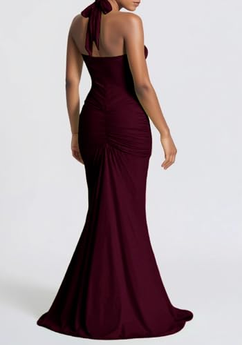 SHINFY Women Summer Halter Maxi Dress Ruched Bodycon V Neck Formal Cocktail Party Evening Dress4