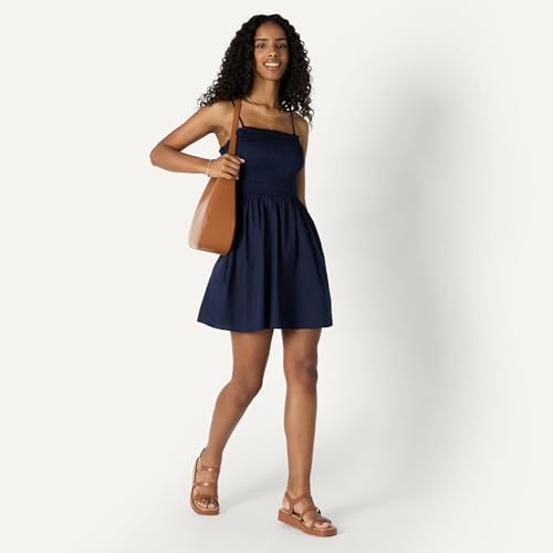 Image of Amazon Essentials Women's Regular-Fit Cotton Sateen Smocked Bodice Dress