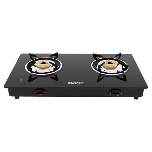 Image of KOCHE Spartek 2-Burner Gas stove | Toughened Glass, High-power Indian Brass Burners, 360 Rotate Gas Nozzle, Stainless Steel Black Powder-Coated Body, High Thermal Efficiency Cooktop | 2 Year Warranty