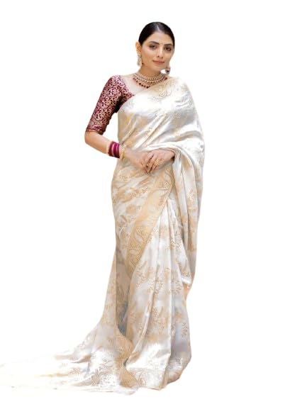 Flosive Women's Kanjivaram Silk Saree With Weaving Work Gold Zari With Blouse Piece (White)