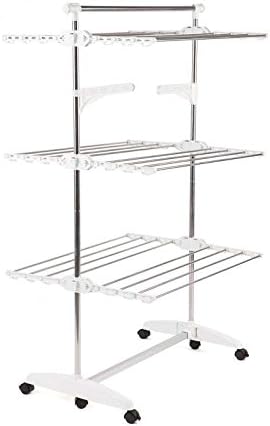 BR2206 3-Tier Collapsible Clothes Drying Rack with Casters, Stainless Steel Hanging Rods, Indoor & Outdoor Use（White Color