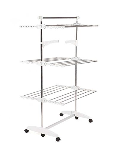 BR2206 3-Tier Collapsible Clothes Drying Rack with Casters, Stainless Steel Hanging Rods, Indoor & Outdoor Use(White Color