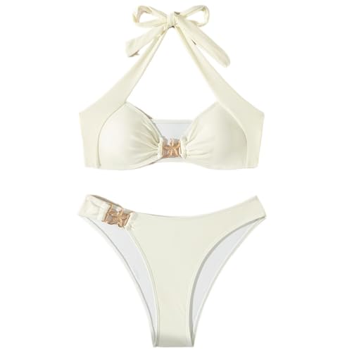 Maillot de bain deux pièces blanc sexy col en v et culotte taille haute licou
