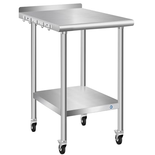PIUMACU Stainless Steel Table with Wheels Small Stainless Table 24 x 18 Inch, Commercial All-Stainless Steel Metal Table for Kitchen Restaurant
